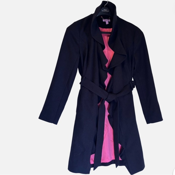 Lilly Pulitzer Black Belted Trench Coat Ruffle Coven Chic Elegant Goth DarkFairy - Picture 1 of 6